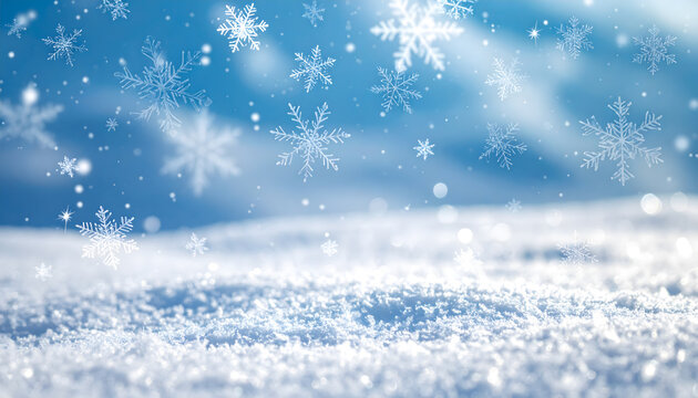 Sparkling snowflakes gently fall against a bright blue sky, creating a magical winter scene with fresh white snow on the ground and sunlight reflecting off the crystals.