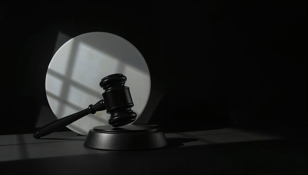 Wooden gavel and sound block on a dark surface with dramatic lighting and shadows