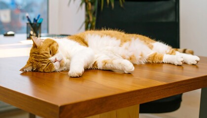 Sleepy ginger cat on a wooden desk