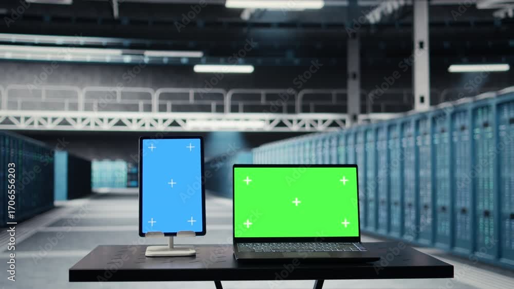 Poster isolated screen tablet and laptop in high tech data center facility with rows of fully operational s