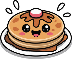 Vector art of cute pancake cartoon adorable pancake character with syrup smiling kawaii pancake with butter and maple syrup funny breakfast illustration for kids, sticker, print, design