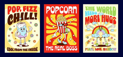 Funny groovy characters posters. Vector set of soda can, popcorn bucket, and rainbow retro cartoon personages with playful slogans, colorful flowers, clouds, and sunburst vibrant pop art backgrounds