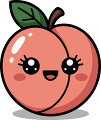 Vector art of a cute peach with a happy face and a green leaf, this charming illustration features a smiling peach with big, sparkling eyes and a cheerful expression, perfect for adding a touch of swe