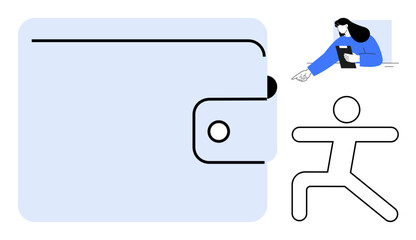 Wallet detail, a woman holding a notebook gesturing, and a minimalist human figure in action. Ideal for organization, finance, budgeting, planning, motion, teamwork simple landing page