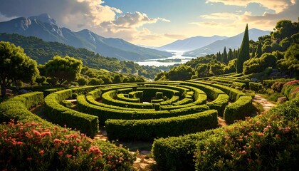 Lush maze garden at sunset