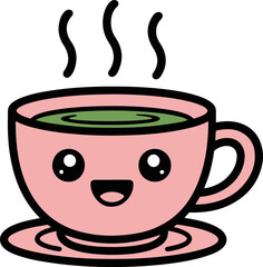 Vector art of a cute cup of tea with a happy face and steam rising, this charming illustration features a smiling teacup with big, sparkling eyes and a cheerful expression, perfect for adding a touch 