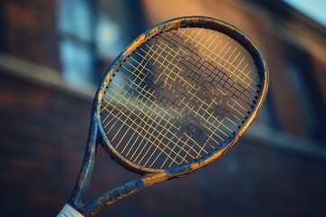 A weathered tennis racquet, showing signs of age and wear, is captured against a blurred background.