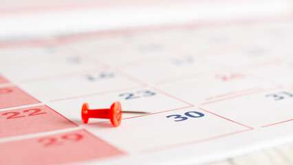 Fototapeta premium A red thumbtack on a calendar page. Business concept. 