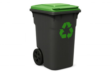 Recycling bin featuring dark gray body, green lid, universal recycling symbol representing sustainable waste management practices