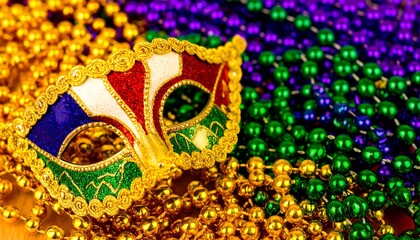 Ornate mask rests on vibrant Mardi Gras beads