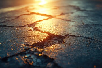Obraz premium Close-up of cracked asphalt at sunset, sun reflecting off the wet surface.