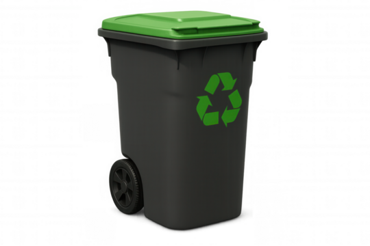 Recycling bin featuring dark gray body, green lid, universal recycling symbol representing sustainable waste management practices