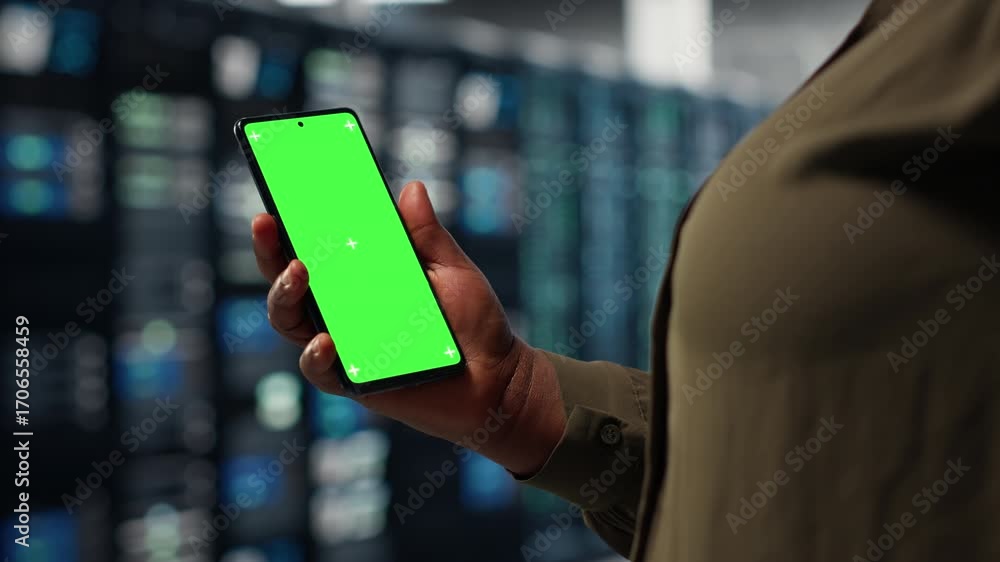 Aufkleber server hub software developer uses green screen smartphone to watch video tutorial on how to upgrade