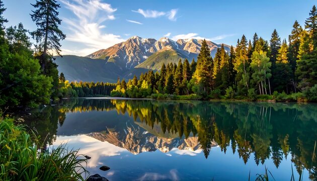 Serene mountain lake reflecting sunrise. Lush forest meets snow-capped peaks