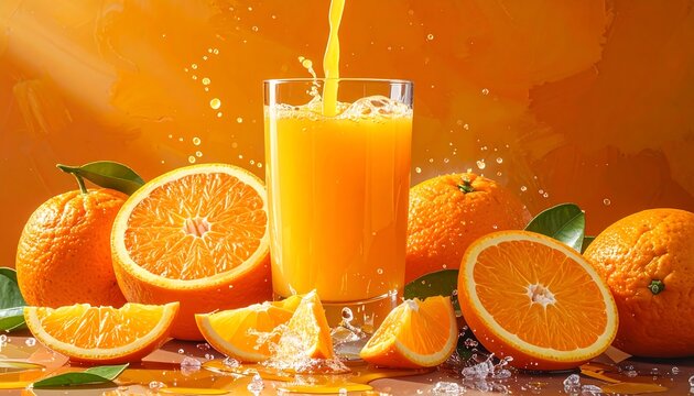 Freshly squeezed orange juice pouring into a glass, surrounded by orange slices and whole oranges - Powered by Adobe