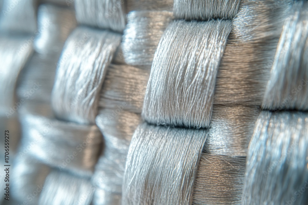 Poster close-up of interwoven silver threads, creating a textured, fabric-like pattern.
