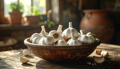 Rustic garlic bowl on a wooden table