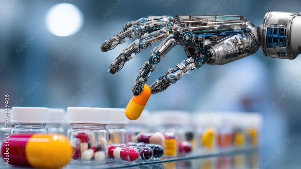 Poster medium shot of a robotic arm precisely grasping medication packages with a blurred background highli