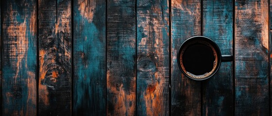 Dark coffee cup on rustic wooden background