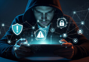 A hacker using a tablet with a futuristic interface with warning symbols for a cyberattack or data breach