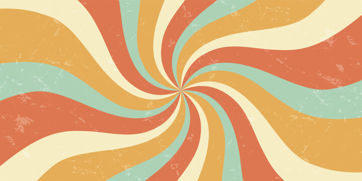 Groovy retro sun burst swirl background adds a wavy orange and yellow burst with a grunge texture. Sunshine and sun inspired shapes blend with y2k details as grungy, vintage abstract in horizontal