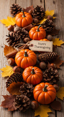 Autumnal arrangement of pumpkins, pine cones, hazelnuts, cinnamon sticks, and fall leaves on wood background, showcasing Thanksgiving theme, perfect for seasonal greetings