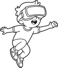 Happy cartoon boy playing with virtual reality headset, jumping with excitement, VR gaming experience, digital technology fun, outlined black and white drawing