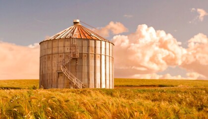 Rusty grain silo in a golden field under a dramatic sky