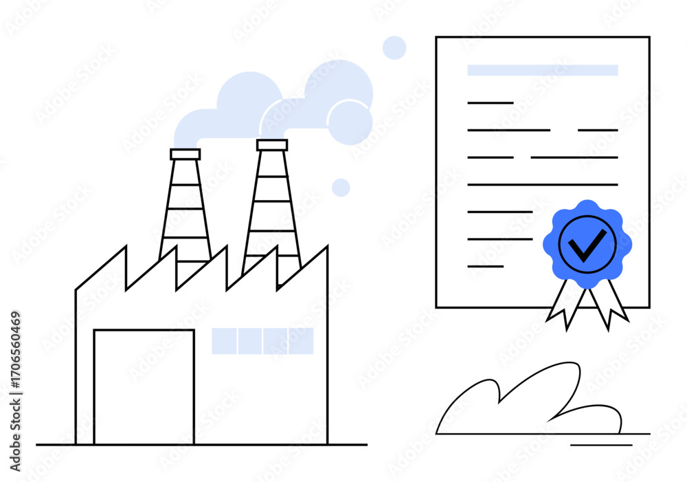 Poster factory emitting smoke with aligned certification document featuring a checkmarked approval seal. id