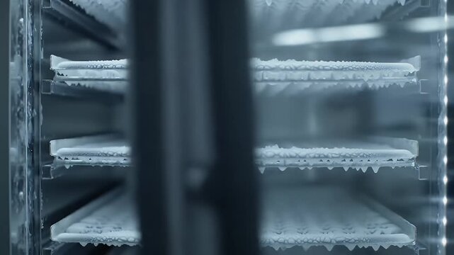 Frozen Freezer Shelves with Ice Crystals.