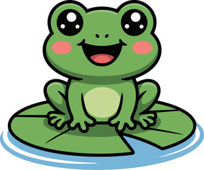 Vector art of a charming frog cartoon character sitting on a lily pad the frog has a cheerful expression with big eyes, rosy cheeks, and a sweet smile, making it an adorable amphibian