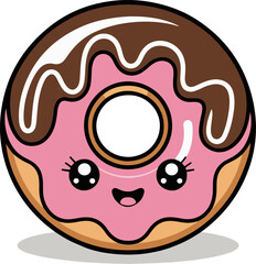Vector art of a delightful donut cartoon character with pink frosting and chocolate drizzle the donut has a happy expression with big eyes, rosy cheeks, and a sweet smile, making it an adorable treat