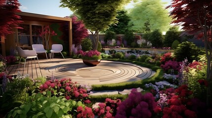 Tranquil garden retreat featuring a unique circular wooden patio and lush floral landscaping