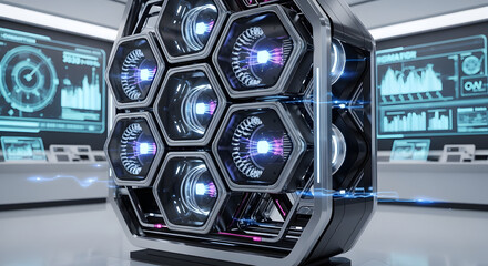 Advanced futuristic server hardware setup in a modern high tech data center room