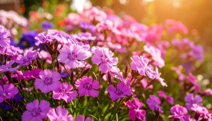 Obraz premium Vibrant pink flowers in a garden bed bathed in sunlight