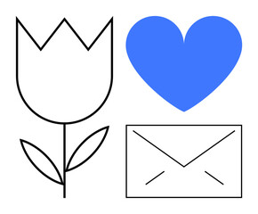 Minimalistic tulip, blue heart, and envelope symbolizing love, connection, care, gratitude, celebration, emotion and nature. Ideal for greeting cards online invitations social media simple
