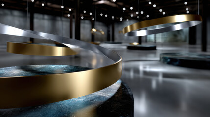 A captivating view of a modern art installation where metallic spirals hover over dark platforms in a spacious, abstract indoor environment filled with soft lighting.