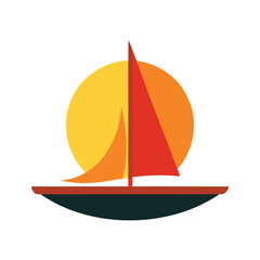 Sailboat with Sun Setting Behind Flat Vector Artwork