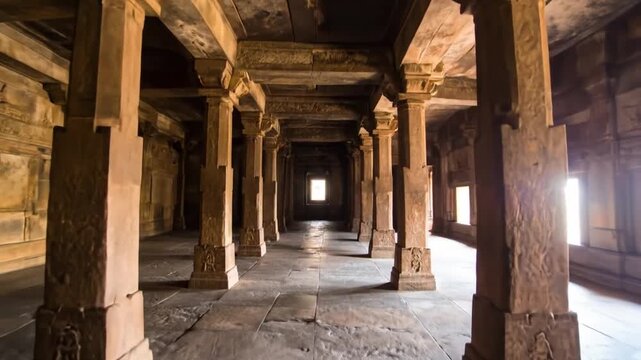 Ancient Indian Temple Hall: Carved Pillars and Sunlight