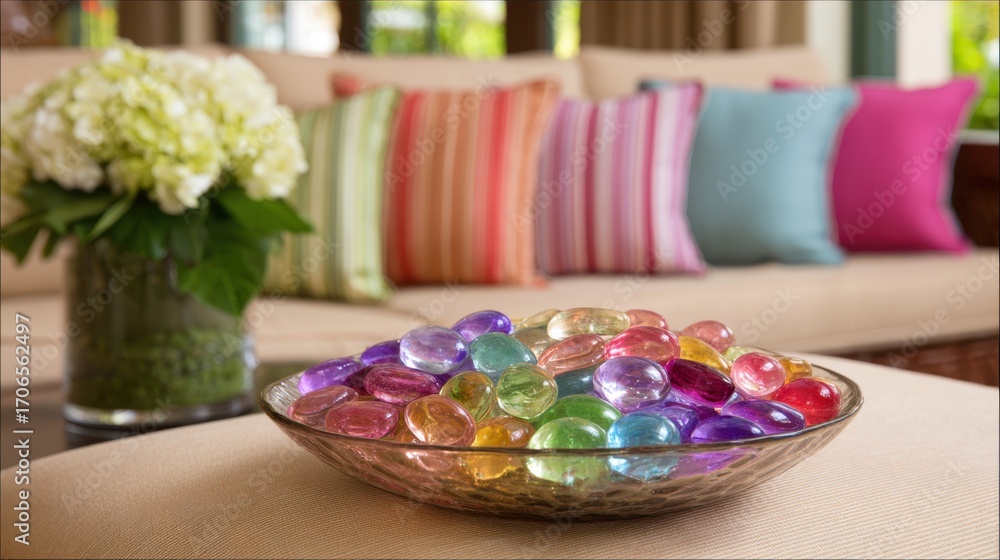 Poster focused frame of colorful potpourri in a decorative bowl while softly blurred cushions and curtains 