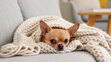 Cute Chihuahua Relaxing Under Cozy Blanket on a Sofa in a Bright Living Room