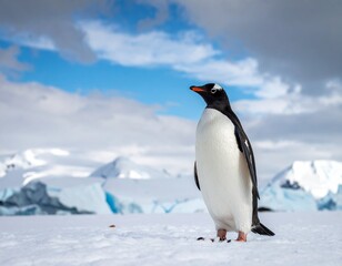 Obraz premium Single penguin standing on icy white landscape under cloudy sky