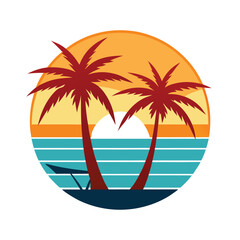 Retro Sunset with Palm Hammock Silhouette Flat Design