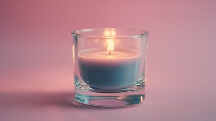 Blue Votive Candle in Glass Holder on Pink Background with Soft Glow, Close Up
