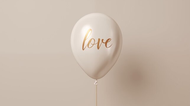 Single White Balloon with Gold Love Lettering on Warm Beige Background, Studio Close Up