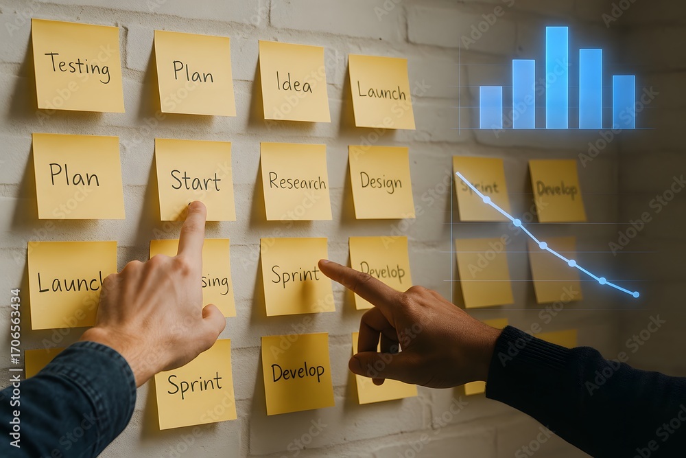 Poster hands pointing at sticky notes, representing the work process and analysis.