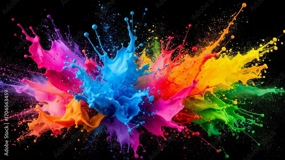Poster explosion of vibrant colorful paint splatters on stark black backdrop, abstract art created through 