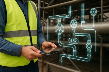 A technician examines a digital blueprint of a pipe system on a tablet.