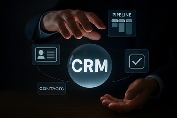 Innovative visualization of CRM concept: A person interacting with digital icons representing key CRM elements. 