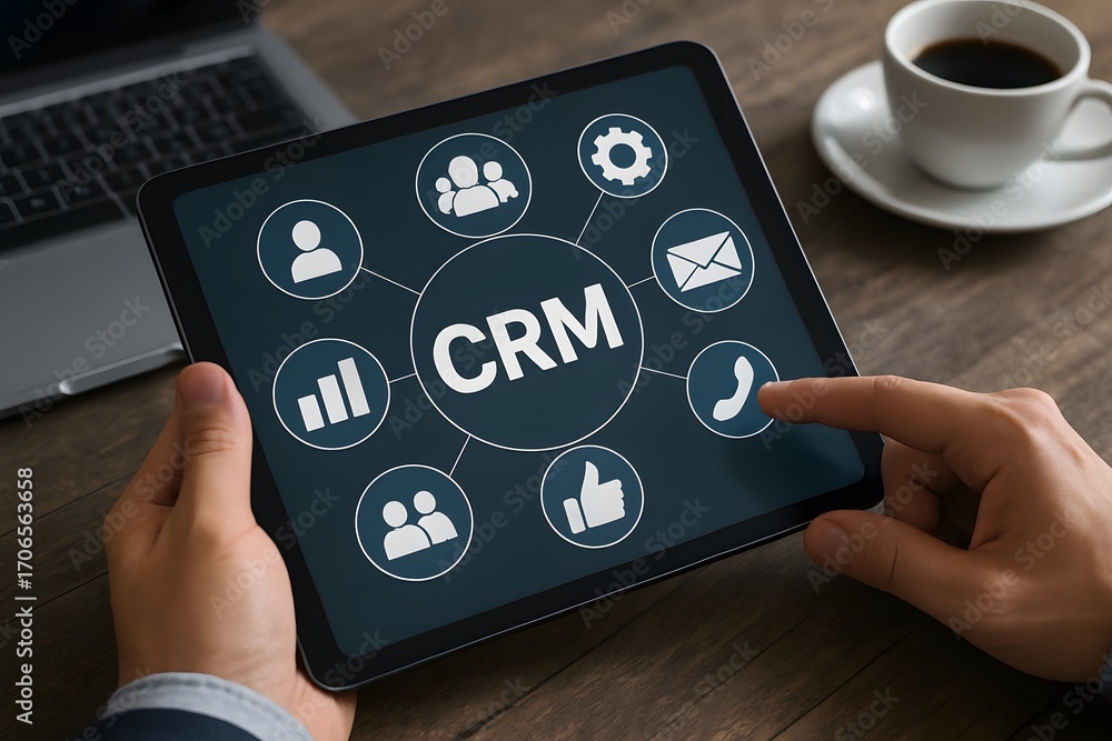 Poster hands interacting with a tablet showcasing the crm software interface.
